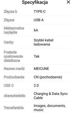 Kabel czarny 5 metrów 6A USB-A do USB-C 5m. 6 Amper