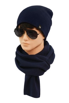 CZAPKA beanie i SZALIK zestaw dzianinowy dwuwarstwowy GRANATOWY Pako Jeans