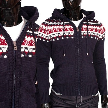 Rozpinany Sweter Męski z Kapturem Wzór Norweski Premium