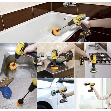 SZCZOTKI SPRZĄTAJĄCE CZYSZCZĄCE NA WKRĘTARKĘ WIERTARKĘ + PADY ZESTAW XXL