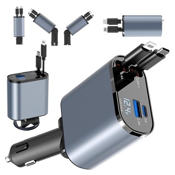 ŁADOWARKA SAMOCHODOWA 2 CHOWANE KABLE 2 PORT ADAPTER 4W1 PD QC3.0 20W 100W