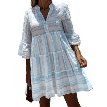 Biała elegancka sukienka koszulowa niebieski wzór XL 42