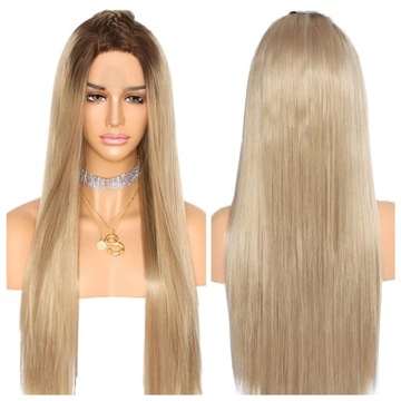 PERUKA blond brąz DŁUGIE włosy proste LACE FRONT