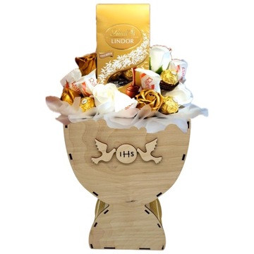 KIELICH FLOWERBOX BOX SŁODYCZE PREZENT PIERWSZA KOMUNIA GOŁĄB IHS PAMIĄTKA