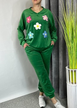 Dresy damskie welurowe komplet dresowy bluza spodnie zieleń plus size 44-48