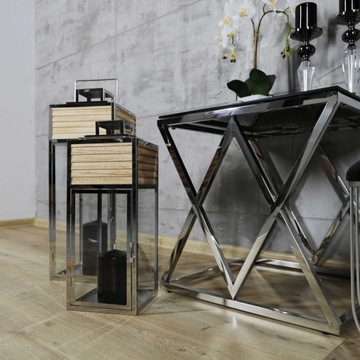 Duża srebrna latarnia lampion chrom+drewno 2w1 68c