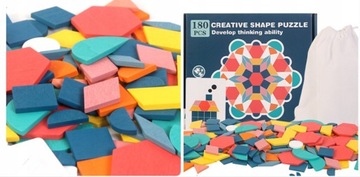 PUZZLE DREWNIANE KLOCKI MOZAIKA MONTESSORI KOLORY KSZTAŁTY UKŁADANKA WOREK