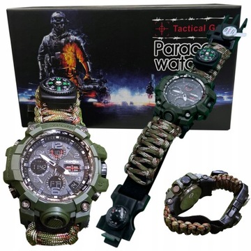 ZEGAREK SURVIVALOWY WOJSKOWY 8W1 NÓŻ KOMPAS KRZESIWO LED SOS LINA PARACORD