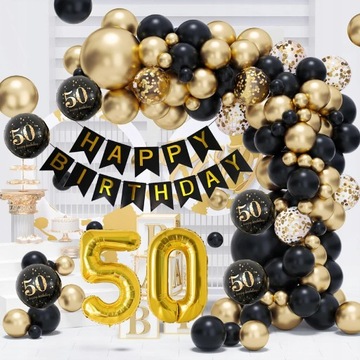НАБОР УКРАШЕНИЙ ШАРАМИ НА 50-ЛЕТИЕ ДНЯ РОЖДЕНИЯ ГИРЛАНД ЧЕРНО-ЗОЛОТОЙ БОЛЬШОЙ