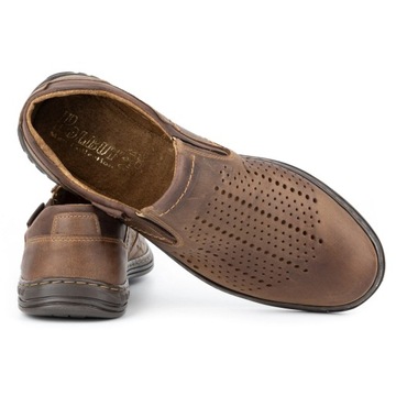Buty męskie skórzane na lato ażurowe wsuwane POLSKIE 401L brązowe 43