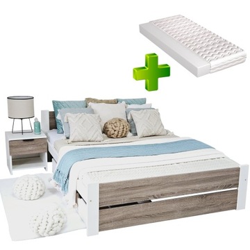 Łóżko podwójne drewniane LEA 120x200 białe Dąb Truflowy + MATERAC Pi