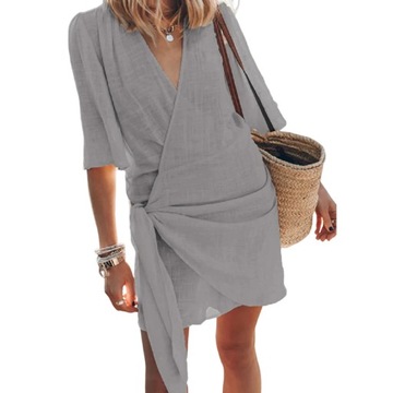 Simple Women Cotton Linen V-Neck Dress 2024 Office