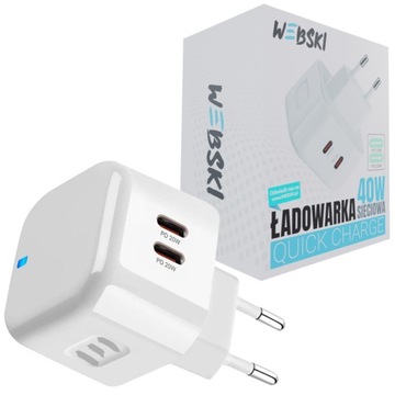 ŁADOWARKA SIECIOWA Płaska Wtyczka SZYBKO ŁADUJĄCA 40W 2xUSB-C 40W PD QC 3.0