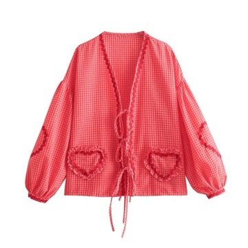 EDSA Women Elegant Plaid Shirt Lace Up Long Puff S