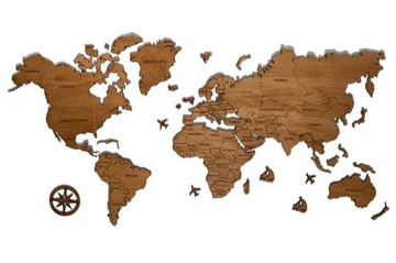 Drewniana mapa świata granice państ 120x60 4kolory