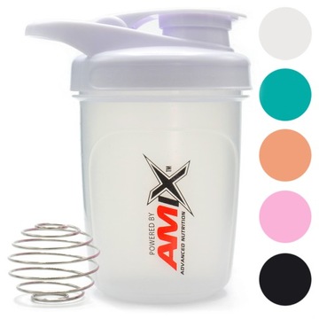 Shaker bidon DO ODŻYWEK 300ml mały Szczelny BIAŁY BIDON Z KULKĄ Amix 6x14cm
