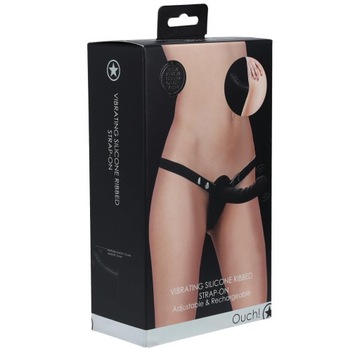 Czarny Strap-On z wibracjami i uprzężą, USB, silikonowy Ouch!