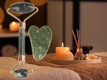 Массажер для лица 3в1 GUA SHA STONE с набором жадеитовых роликов, массажный ролик