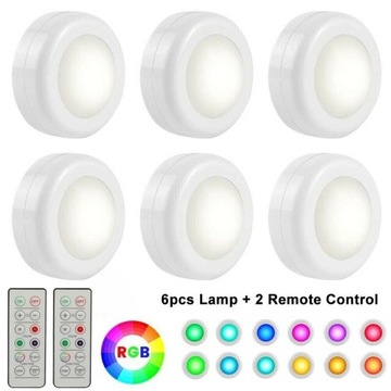 Lampki bezprzewdowe RGB LED z pilotem Oświetlenie szafek Lampki nocne 3/6Pc