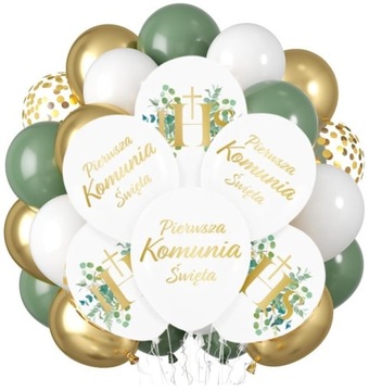 Balony Komunia Zielone Boho Oliwkowe IHS Balony na Komunię Świętą 18szt.