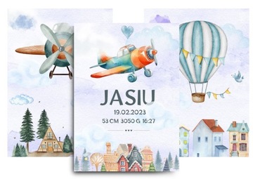 Metryczka dla dziecka plakaty personalizacja A3 30x40 cm 3 sztuki akwarela
