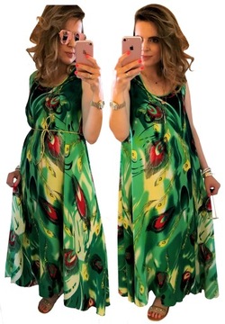 Długa SUKIENKA elegancka Pawie Pióra SZMARAGDOWA plus size