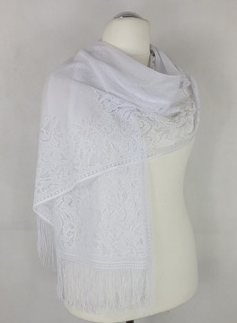 630 Śliczny SZAL Z KORONKI koronkowy BIAŁY