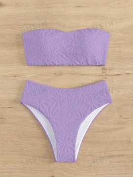 STRÓJ KĄPIELOWY BIKINI TEKSTUROWANY W KWIATY BANDEAU FIGI FIOLETOWY L 40