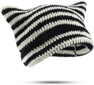 Женская вязаная шапка-бини в полоску, Y2K Готическая вязаная крючком шапка с кошачьими ушками,