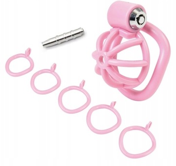 MAŁY RÓŻOWY PAS CNOTY CHASTITY PINK CAGE 5 PIERŚCIENI + DILATOR