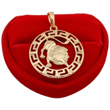 Złota zawieszka znak zodiaku LEW elegancka grecka koło pozłacana 18k