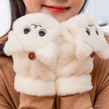 Winter Cat Rabbit Mittens Fingerless Gloves Thick Soft Plush Winter Warm