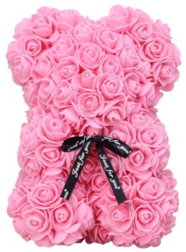 РОЗОВЫЙ МИШКА 25СМ С ЛЕПЕСТКАМИ РОЗ + ПОДАРОЧНАЯ КОРОБКА