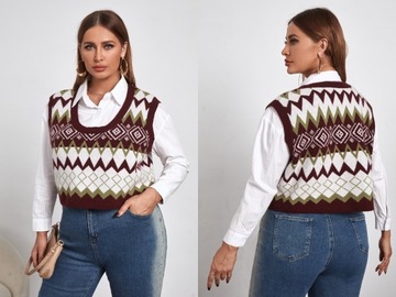 Shein bordowa dzianinowa kamizelka w jodełke XXL