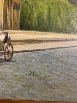 Изображение конный экипаж городская улица в рамке 73,7×55,5 см с подписью