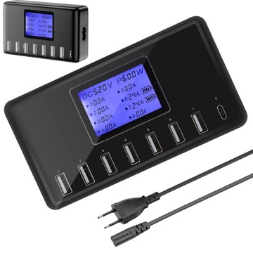 ŁADOWARKA SIECIOWA 8 PORTOWA SZYBKA ZASILAJĄCA UNIWERSALNA LCD USB A TYP C