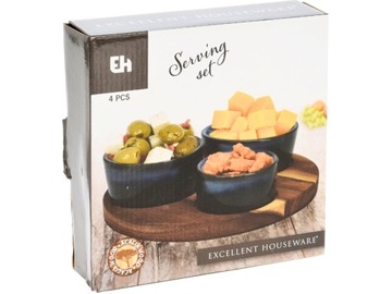 Керамические миски для ДИПОВ, СОУСОВ, ЗАКУСОК, 3 шт. - на подносе из акации.