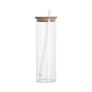 Kubek szklany 600 ml z bambusową pokrywką i słomką