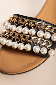 ТАПОЧКИ ЖЕНСКИЕ УКРАШЕННЫЕ ЖЕМЧУГОМ, ЗОЛОТЫМИ ЦЕПОЧКАМИ 39