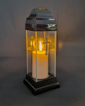 Свеча стеклянная храм стройный черный фонарь с серебряным крестом 25 см