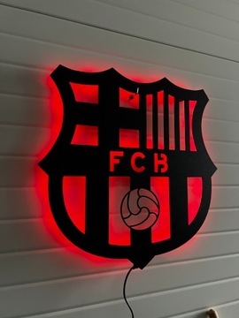 Obraz Drewniany FC Barcelona LED Herb GRATIS STOJAK NA TELEFON
