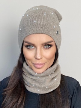 KOMPLET DAMSKI CZAPKA BEANIE KOMIN GOLF TUBA ZESTAW CIEPŁY ELEGANCKI KOLOR