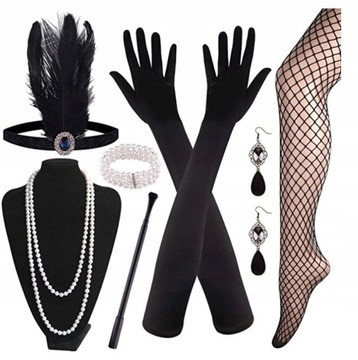 9 SZT ZESTAW RETRO LATA 20 FLAPPER DAMSKI OPASKA KORALE