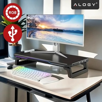 PODSTAWKA POD MONITOR LAPTOP HUB USB USB-C PÓŁKA NADSTAWKA OŚWIETLENIE RGB