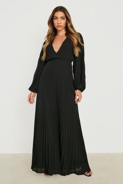 Boohoo ydu v-neck SUKIENKA czarna MAXI PLISOWANA 46 NG2