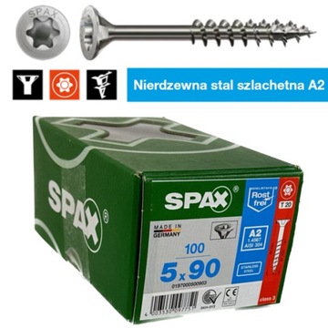 Wkręt Spax INOX nierdzewny A2 5,0x90 gwint niepełny op=100