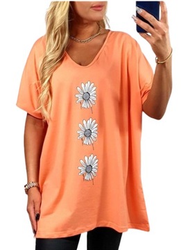 T-SHIRT KOSZULKA BAWEŁNA stokrotka V dekolt BLUZKA oversize plus size T34