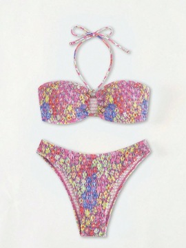 STRÓJ KĄPIELOWY DWUCZĘŚCIOWY BIKINI BANDEAU W KWIATY MARSZCZONY SHEIN S