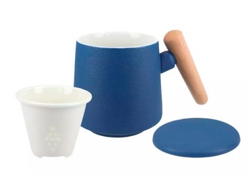Kubek CERAMICZNY sitko przykrywka GRANATOWY 400ml