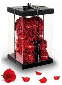 Мишка Тедди с лепестками роз 40см светодиодные фонари БОЛЬШАЯ коробка XL ПОДАРОК ​​НА ДЕНЬ СВЯТОГО ВАЛЕНТИНА